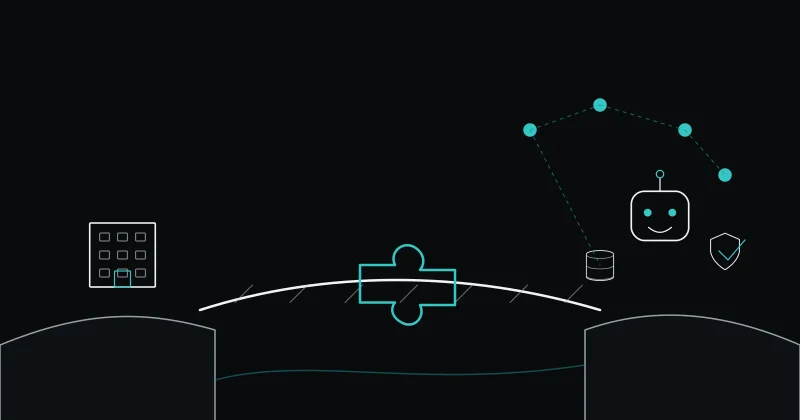 Illustration au trait sur fond noir : un pont entre deux rives avec une pièce de puzzle, à côté d'un robot, d'une base de données et d'un bouclier.