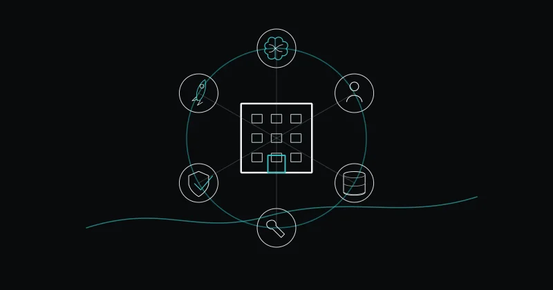 Illustration au trait sur fond noir : un bâtiment d'entreprise au centre, entouré de symboles pour le savoir, les personnes, les données, l'accès, la sécurité et la croissance.