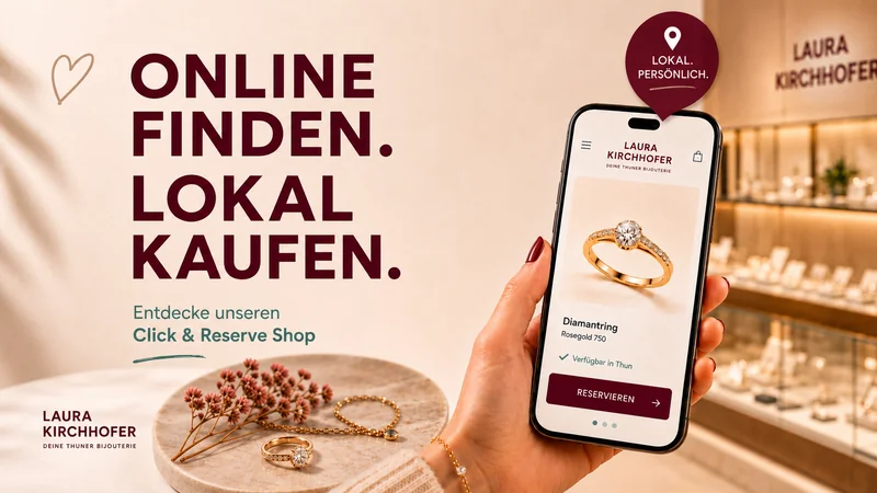 Laura Kirchhofer Marketing-Kampagne — Click & Reserve Smartphone-Mockup mit Diamantring vor LK-Schaufenster