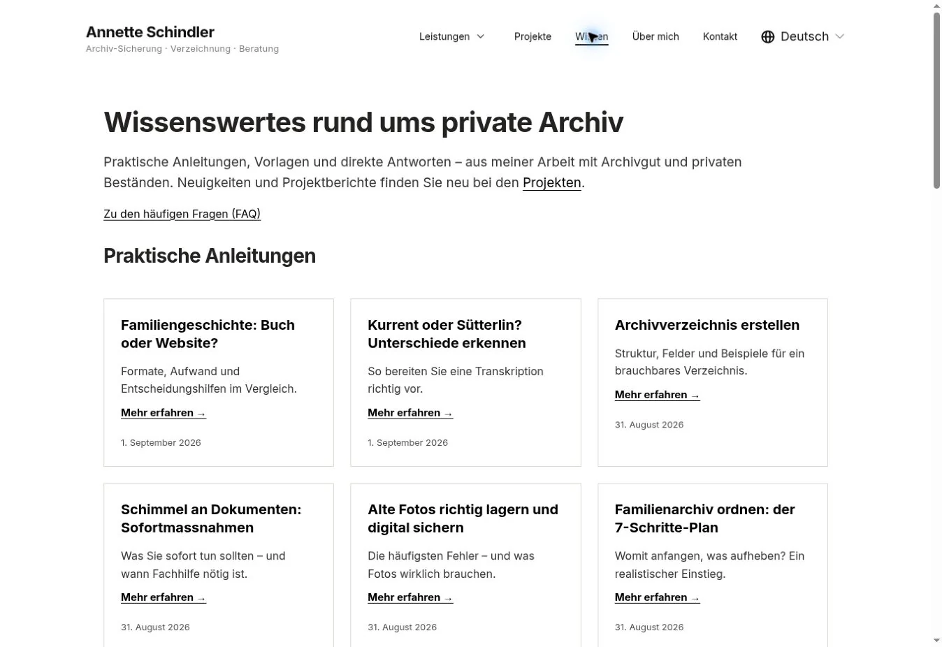 Deutscher Wissensbereich von Annette Schindlers Website mit Ratgebern zu Familienarchiven, Kurrentschrift und historischen Dokumenten