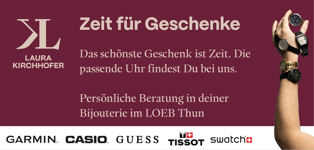 Print-Banner Zeit für Geschenke mit Laura-Kirchhofer-Branding und Marken-Row Garmin, Casio, Tissot