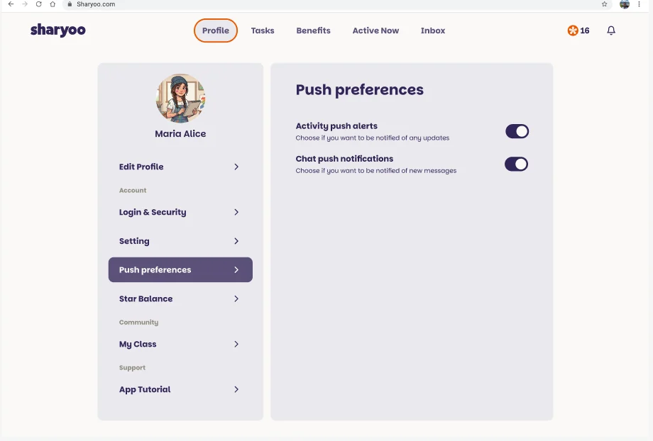 Sharyoo Profile-Seite mit User Maria Alice und Push-Preferences Detail