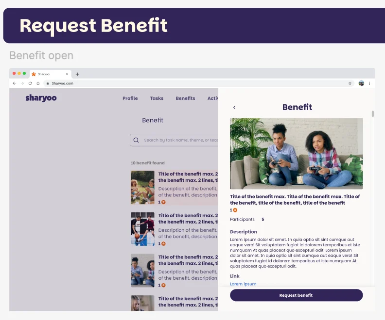 Sharyoo Request-Benefit Detail-View mit Beschreibung, Teilnehmer-Zahl und Request-Button