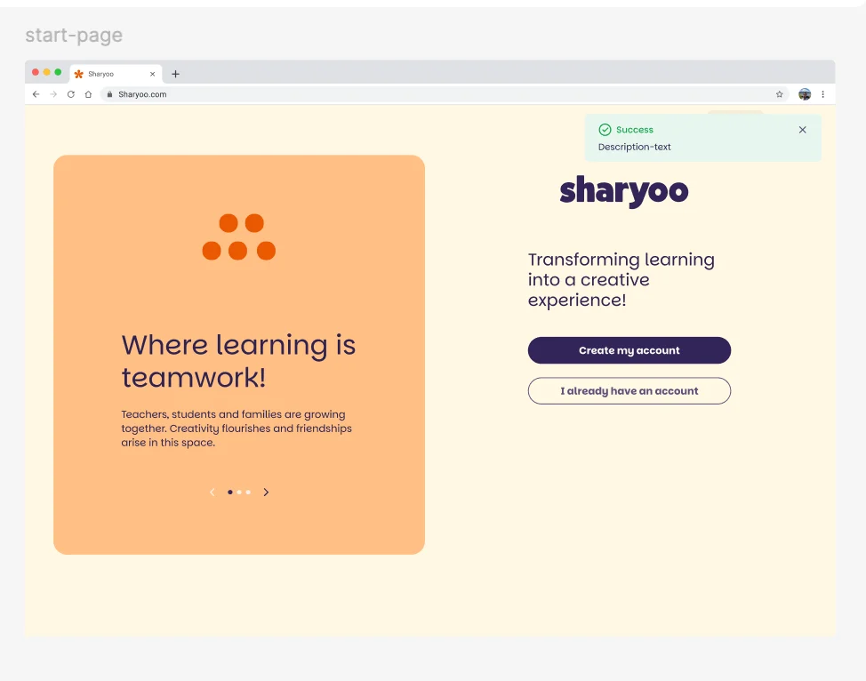 Sharyoo Startpage-Mockup im Browser mit Wordmark und Where learning is teamwork Claim