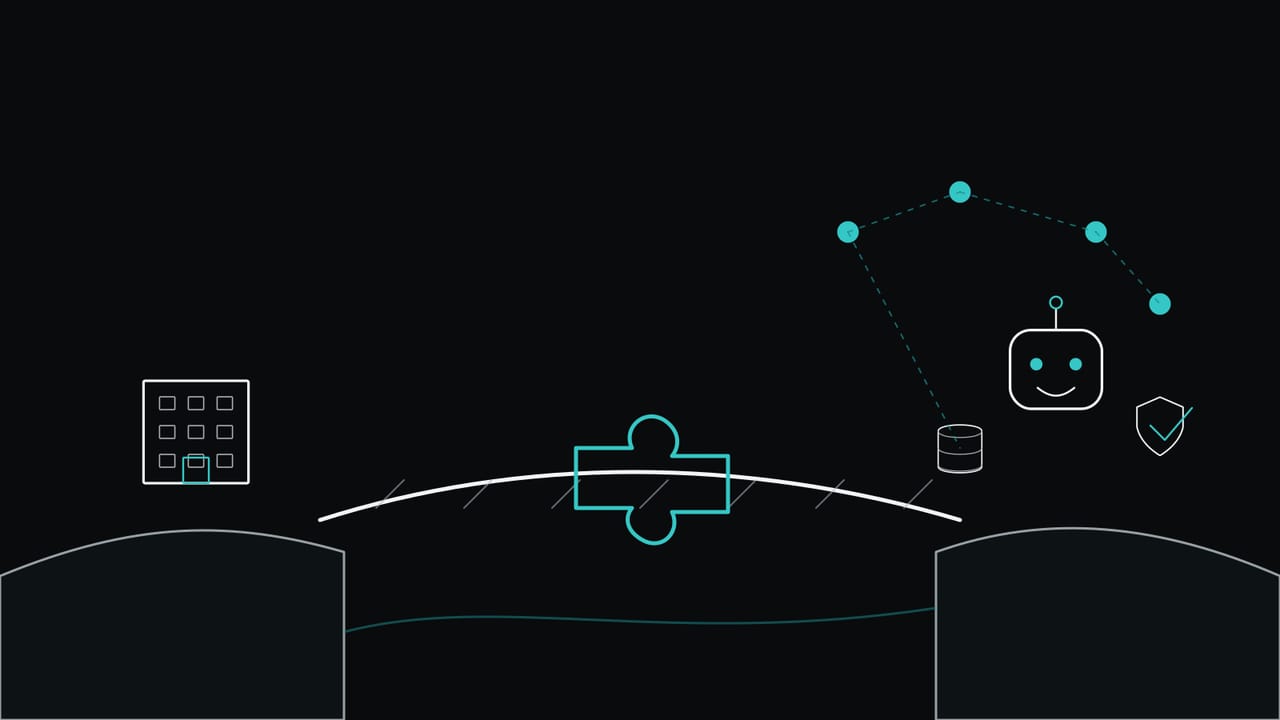 Line-Art auf schwarzem Grund: eine Brücke zwischen zwei Ufern mit einem Puzzleteil darauf, daneben ein Roboter, eine Datenbank und ein Schutzschild.